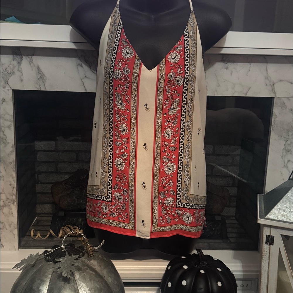 LOFT Red and Cream Patterned Halter Tank Top